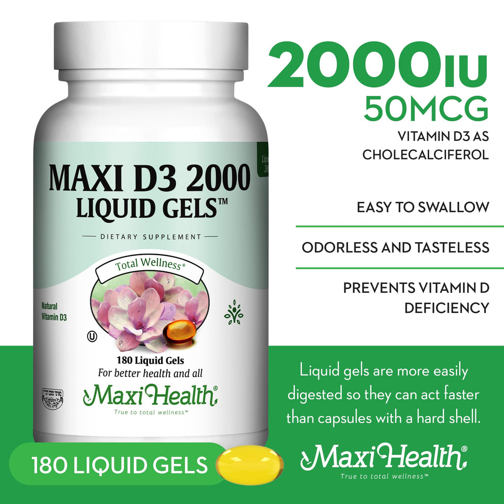 Maxi Health Vitamin D3 2000IU Tablets – Immune Support, Bone Health, and Muscle Function – Vitamin D 2000 IU Supplement for Adults – Kosher, Easy-to-Swallow, 90 Tablets