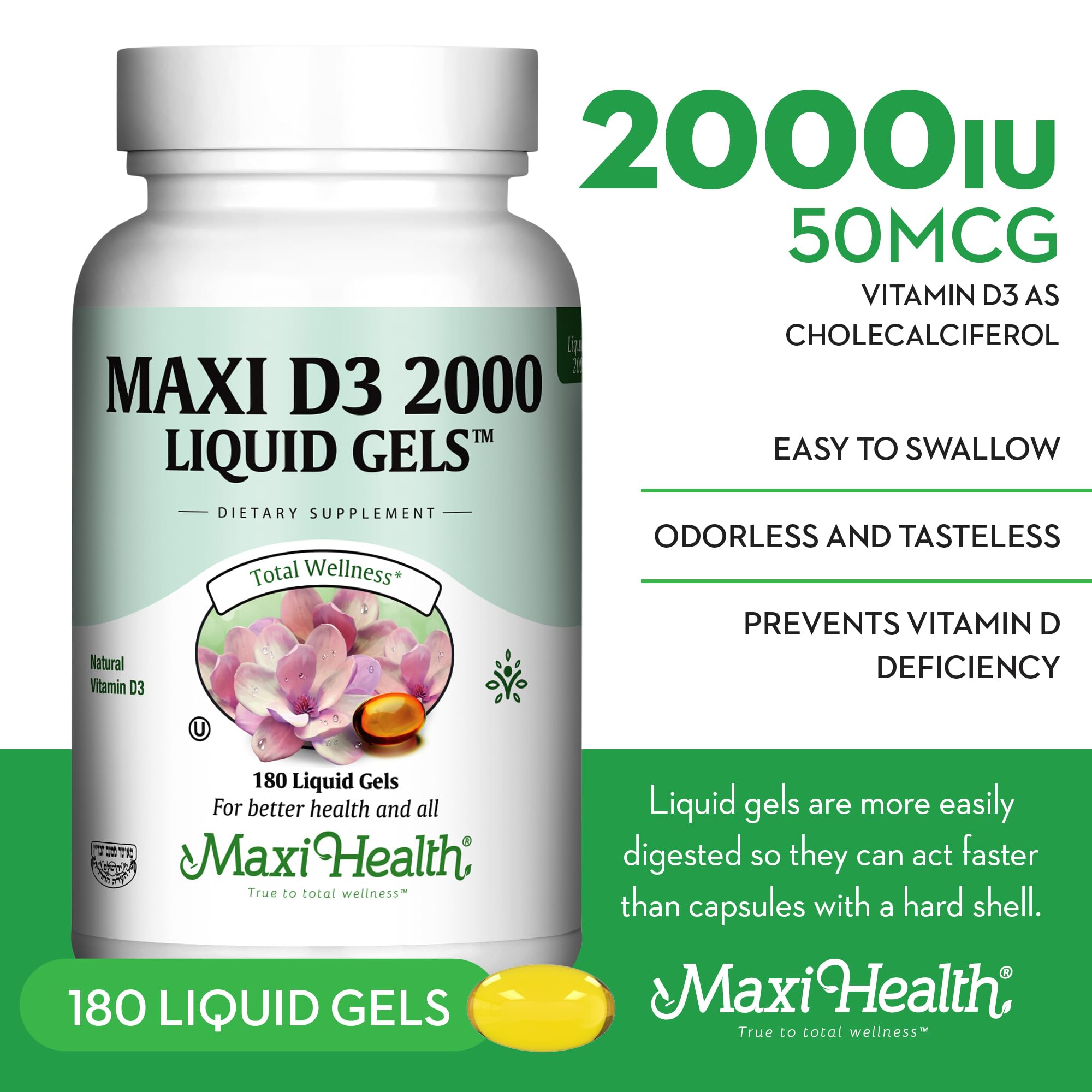 Maxi Health Vitamin D3 2000IU Tablets – Immune Support, Bone Health, and Muscle Function – Vitamin D 2000 IU Supplement for Adults – Kosher, Easy-to-Swallow, 90 Tablets