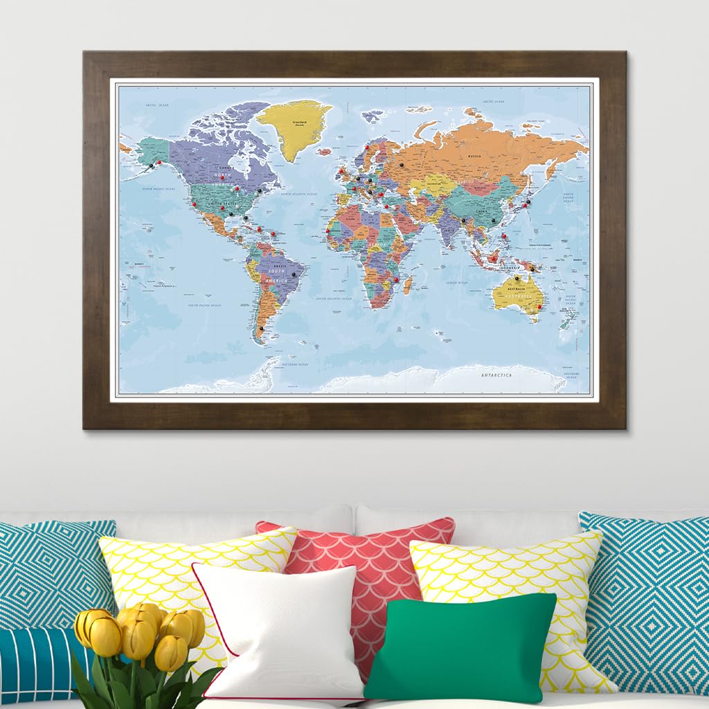 Personalized Canvas Rolled Poster World Map Wall Art with Pins – Large 24" x 36" Blue Oceans Map of the World – Push Pin Travel Decor for Home or Office