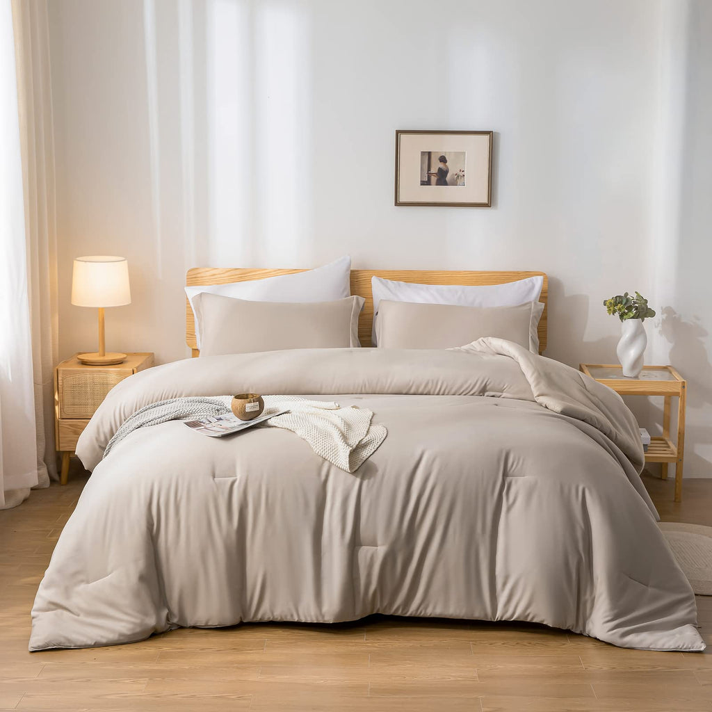 weigelia Twin Comforter Set 5 Pieces Beige Bed in A Bag Soft Queen Bedding Set Lightweight Comforter Set for Women and Men（Comforters, Flat & Fitted Sheets, Pillowcases & Shams）