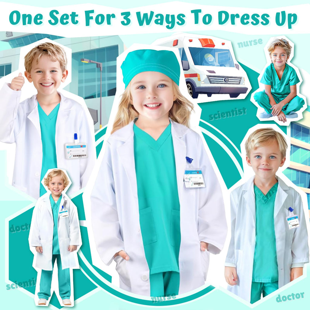 YADIYA Doctor Costume for Kids Scrubs Real Stethoscope Lab Coat Halloween Costumes Career Day Costume For Kids Girls 3-12