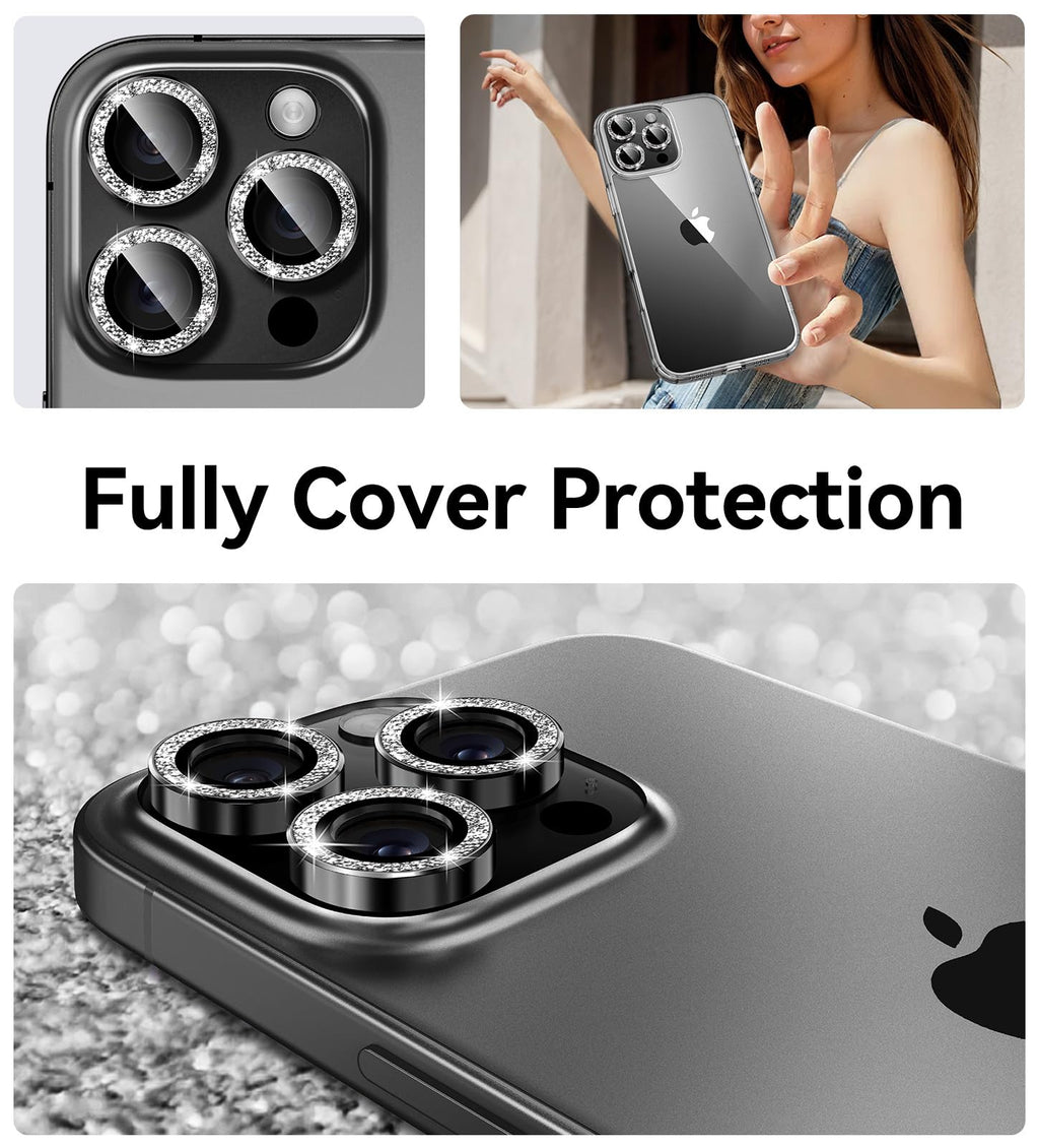 Matekxy Glitter Camera-Lens Protector for iPhone-16 Pro-Max - 16 Pro Anti-Scratch Tempered Glass with Aluminum Edging, Cute Girly Metal Individual Bling Ring Cover for Women, Black Titanium