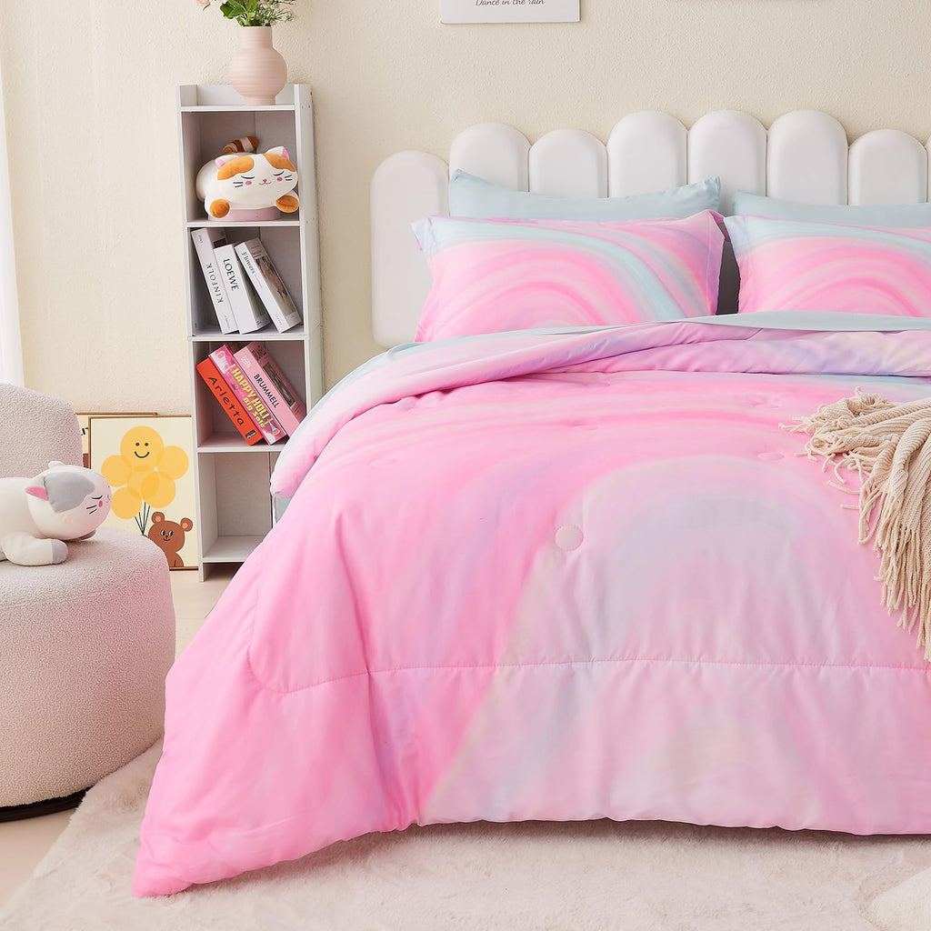 Wajade 7 Piece Blue Bow Comforter Set for Girls Kids Twin Size Bedding Set with Sheet and 2 Pillowcases 2 Pillow Shams Cute Girls Bed in a Bag as Birthday Choice