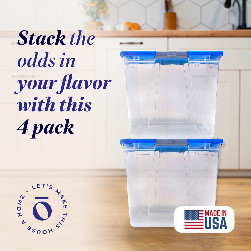 HOMZ 4-Pack Secure Latch, Clear Plastic Storage Organizer Bins, 15 Quart, Gray Lid - Stackable Container Boxes for Bedroom, Bathroom, Garage, and Office Organization