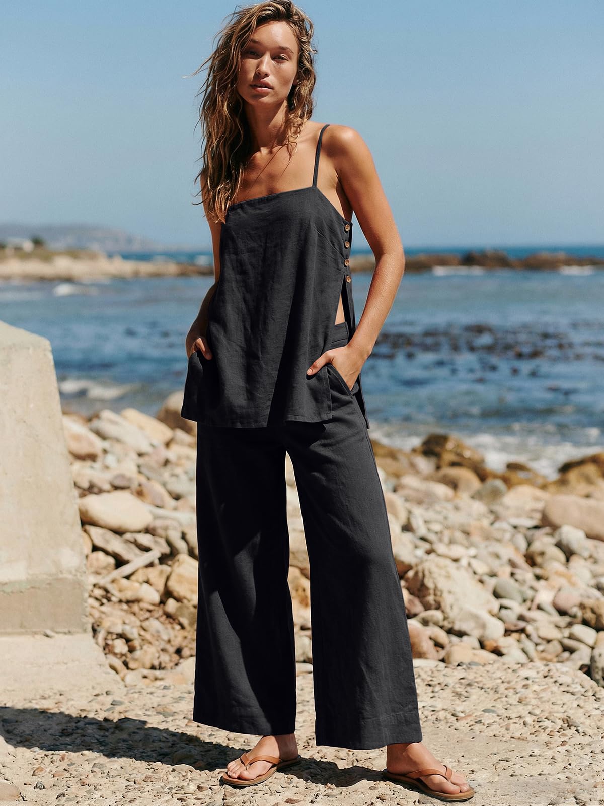 Dokuritu Linen Sets for Women 2 Piece Summer Spaghetti Strap Top Wide Leg Pant Set Beach Vacation Travel Outfits with Pockets