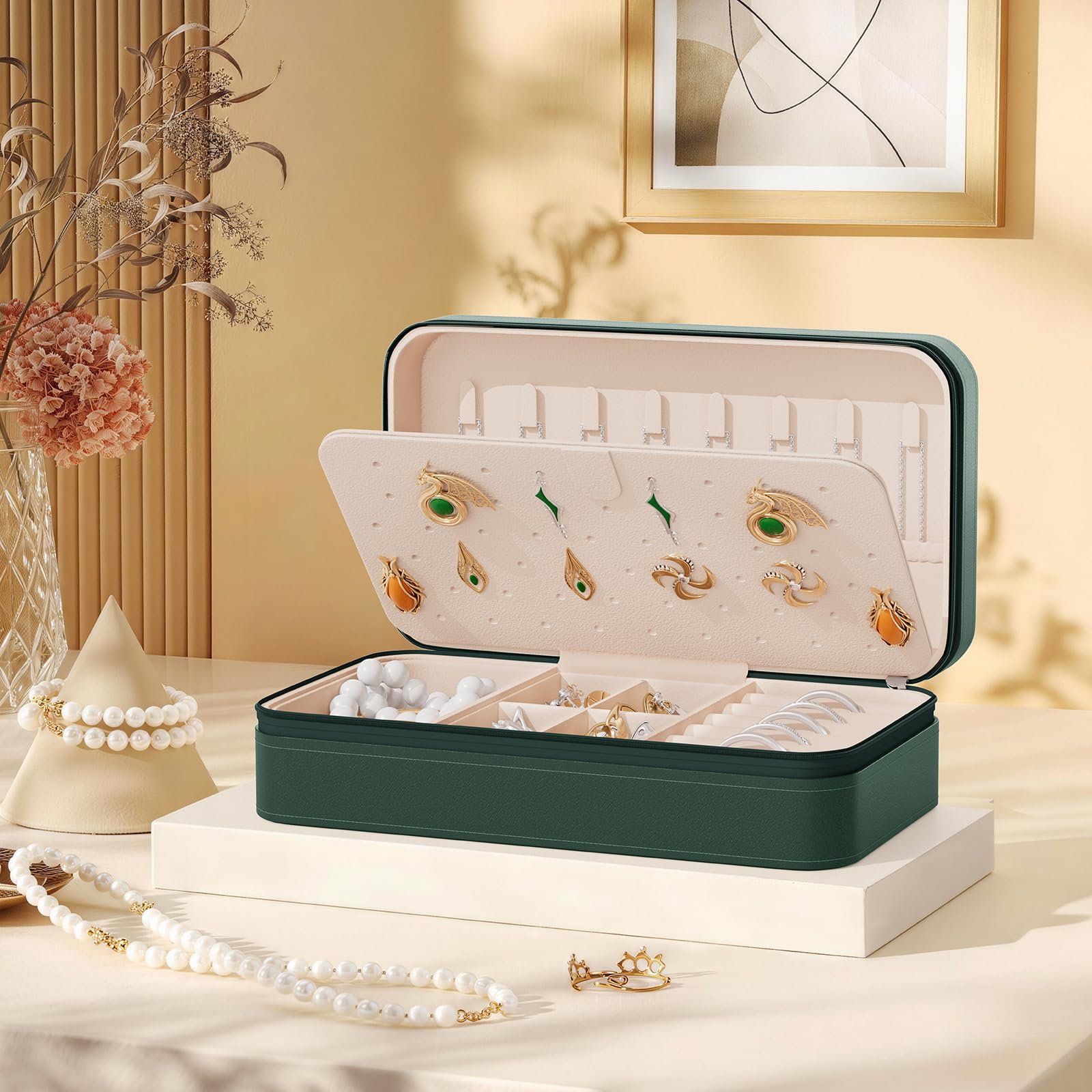 DesignSter Travel Jewelry Box, PU Leather Portable Jewelry Case, Small Jewelry Boxes for Gifts, Travel Jewelry Organizer for Women Rings Earrings Necklaces Bracelets (Avocado Green)