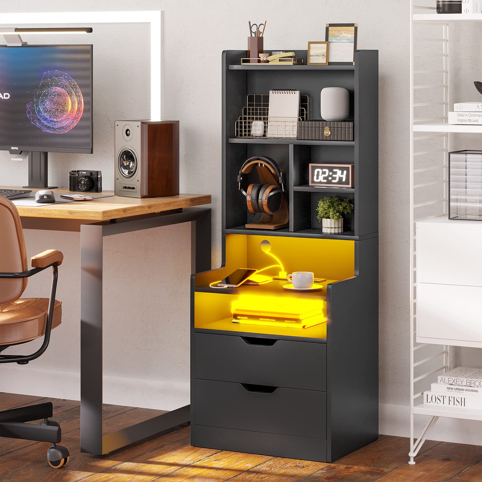 BTHFST Tall Nightstand with LED Lights and Charging Station, LED Black Nightstand with Shelves and 2 Drawers, Bedside Table with Bookshelf, Tall Side End Table with Storage