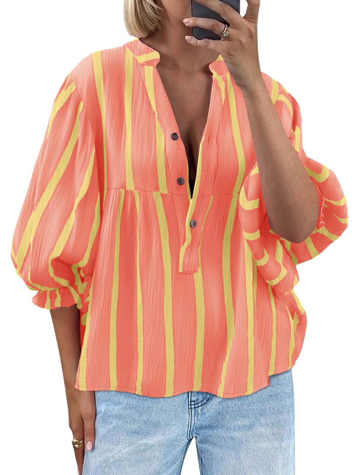 Tankaneo Womens Puff Sleeve Babydoll Tops Summer V Neck Striped Blouse Cute Casual Loose Fit Flowy Shirts