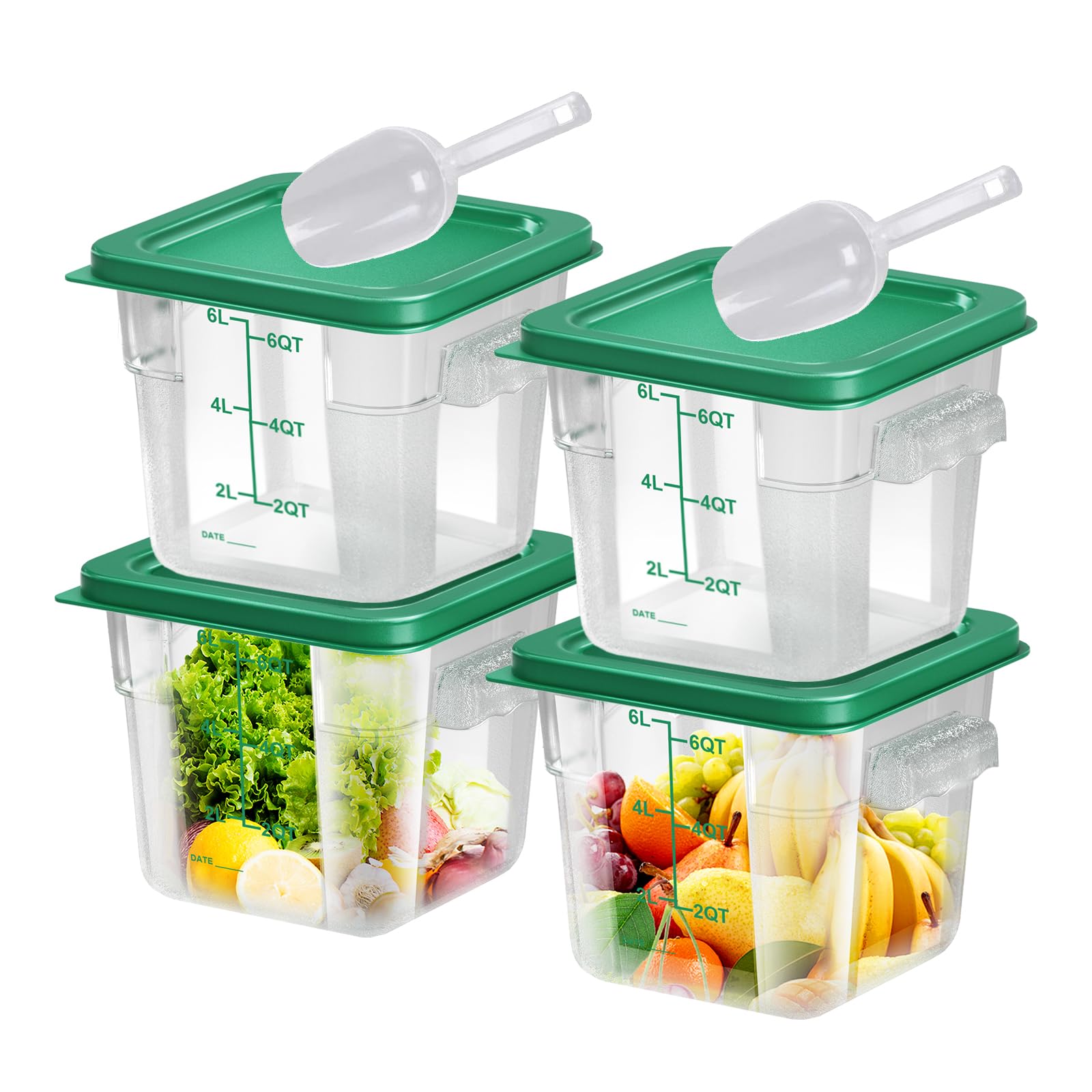 6 pcs 2qt Food Storage Containers with Lid, Square Clear Commercial Storage Containers with Handle and Scale for Food Storage in Home Kitchen & Dining (Green)
