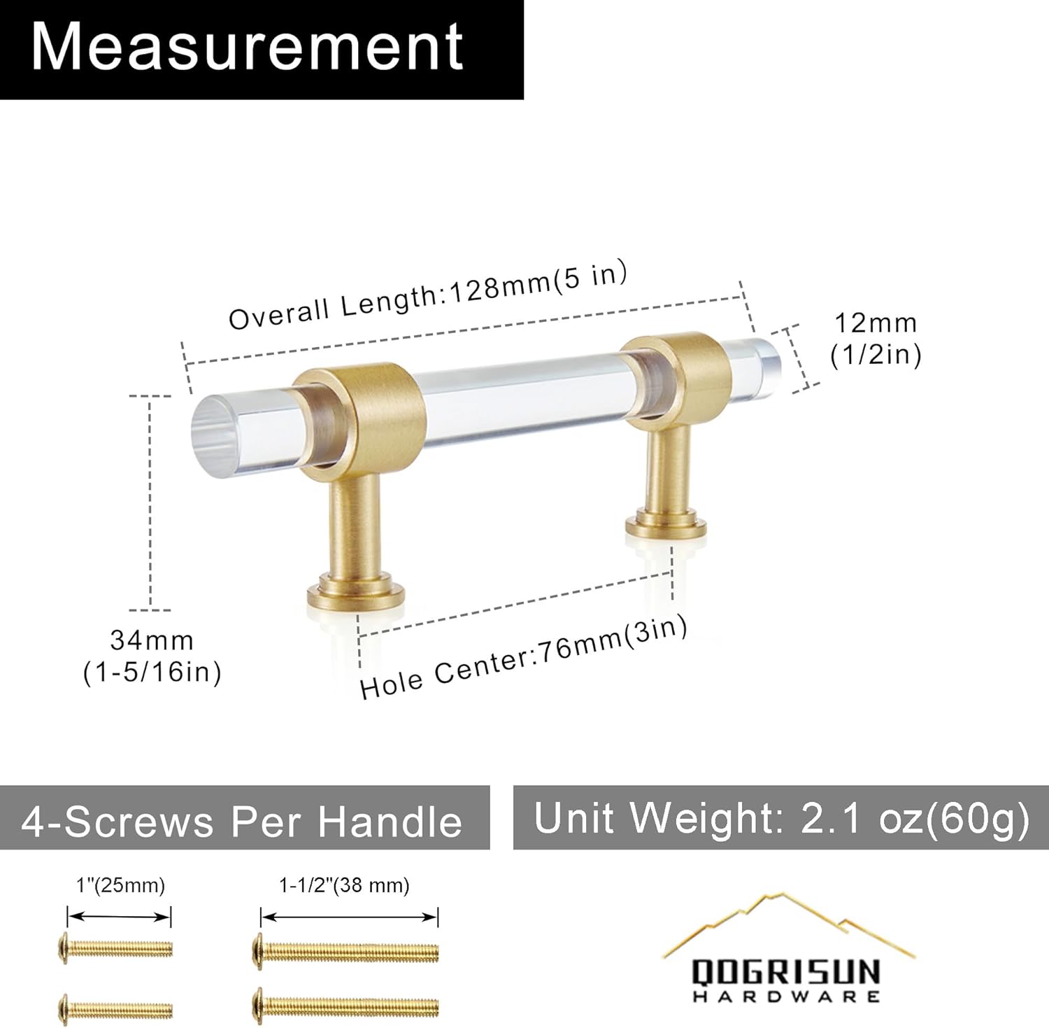 QOGRISUN 2-Pack Acrylic Cabinet Pulls with Brass Base, Gold Modern Drawer Handles, 3-inch Hole Center for Kitchen, Dresser Drawer Clear Glass Crystal Pulls, 5.1-inch Total Length