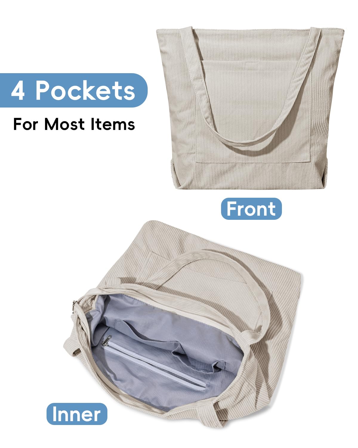 Iioscre Corduroy Tote Bag for Women,Hobo HandBags with Zipper,Large Capacity Casual Shoulder Handbags with Inner Pockets