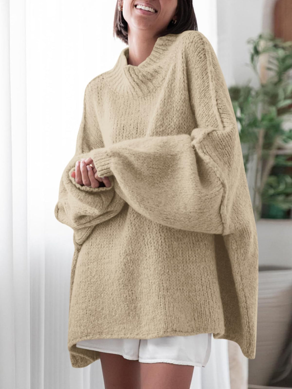 Saodimallsu Womens Oversized Sweaters Mock Neck Batwing Long Sleeve 2026 Fall Trendy Ribbed Knit Casual Tunic Sweater