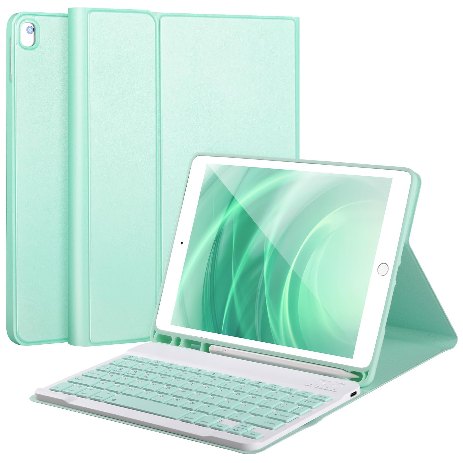 AHYWTAN Keyboard Case for iPad 9/8/7th Gen 10.2, Bluetooth Keyboard with 7 Color Backlit, iPad 10.2 inch Case with Keyboard, Pencil Holder, Black-L
