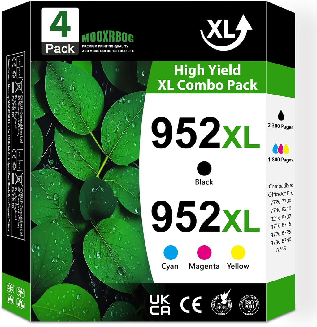 952XL Ink Cartridges High Yield (4-Pack, Black/Cyan/Magenta/Yellow) Replacement for HP 952 952XL Ink for OfficeJet Pro 7740 8210 8702 8710 8715 8720 Printer