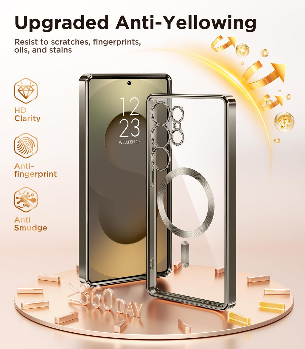 Magnetic Case Compatible with Samsung Galaxy S25 Ultra,Compatible with MagSafe,[Full Camera Protection][Screen Protector] Shockproof Plating Clear Phone Cover for Galaxy S25 Ultra(Black/Clear)