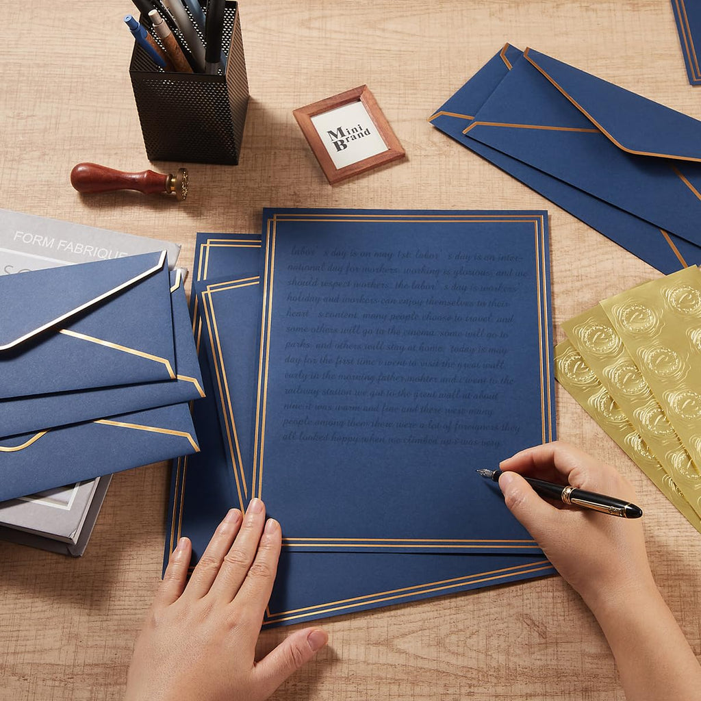 50 Pack Stationery Set with Envelopes, Cream Color, 8.5x11 Inches | Gold Border, #10 Business Envelopes and 8.5x11 Paper Sheets, Stickers for Letter Writing, Invitations