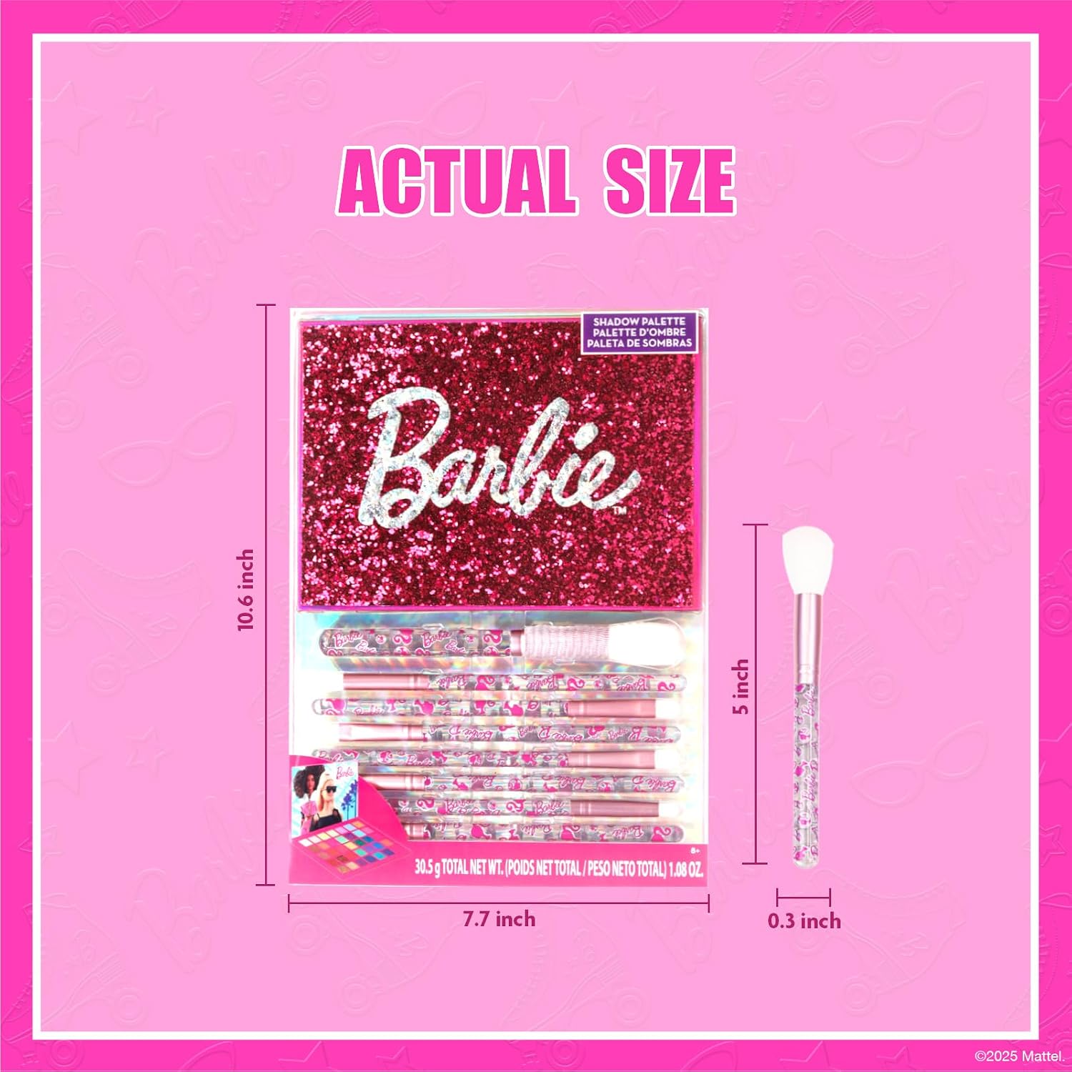 Barbie 35 Well Shadow Palette, Shimmery and Opaque Colors, Pigmented Blendable, 8 Application Brushes Ages 8+, by Townley Girl