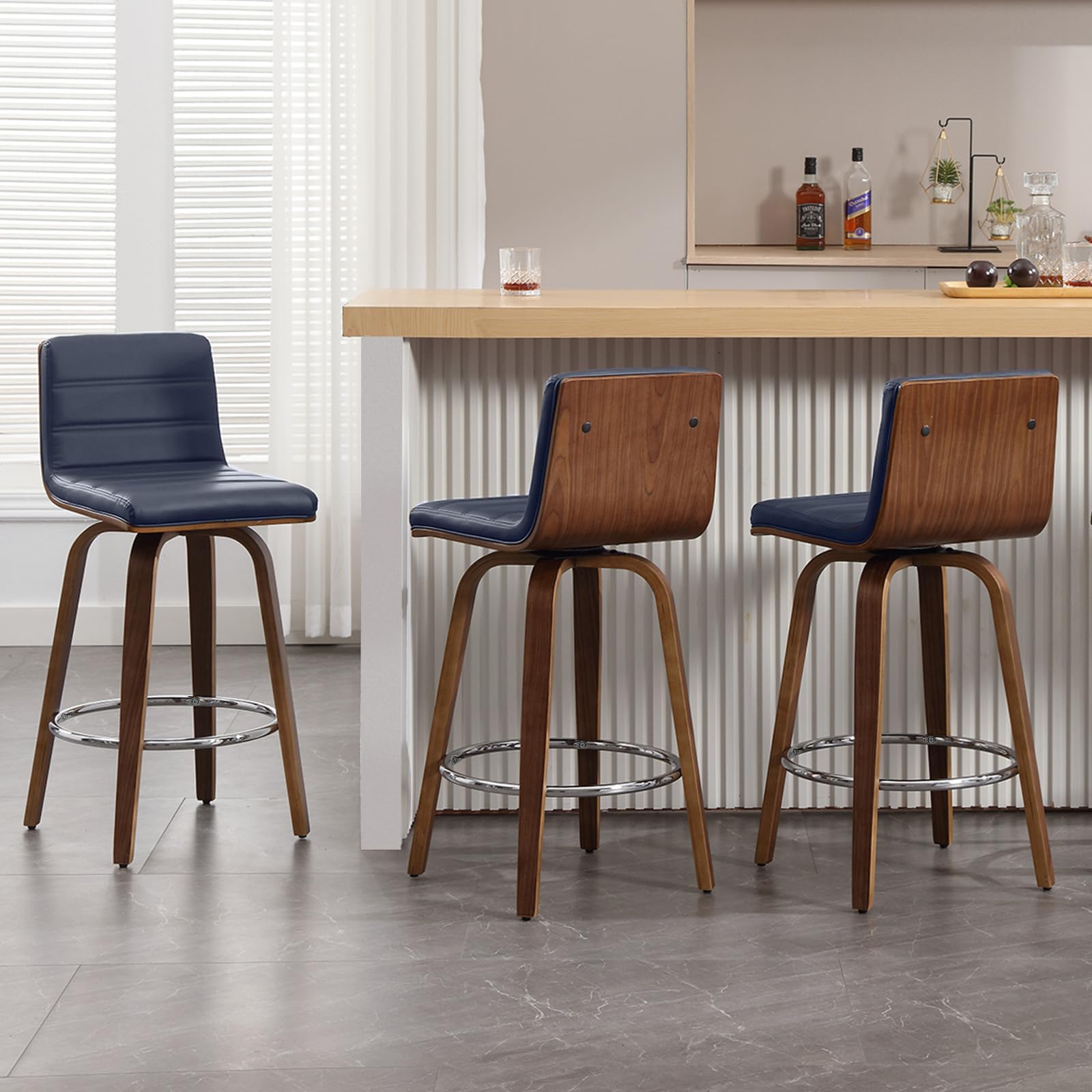 Bar Stools 29 Inch Bar Height, Swivel Bar Stools with Backs Upholstered PU Leather Barstool, L Shape Back and Padded Seat, Mid-Century Modern Bar Stool Pub Chairs for Kitchen Counter Island, Black