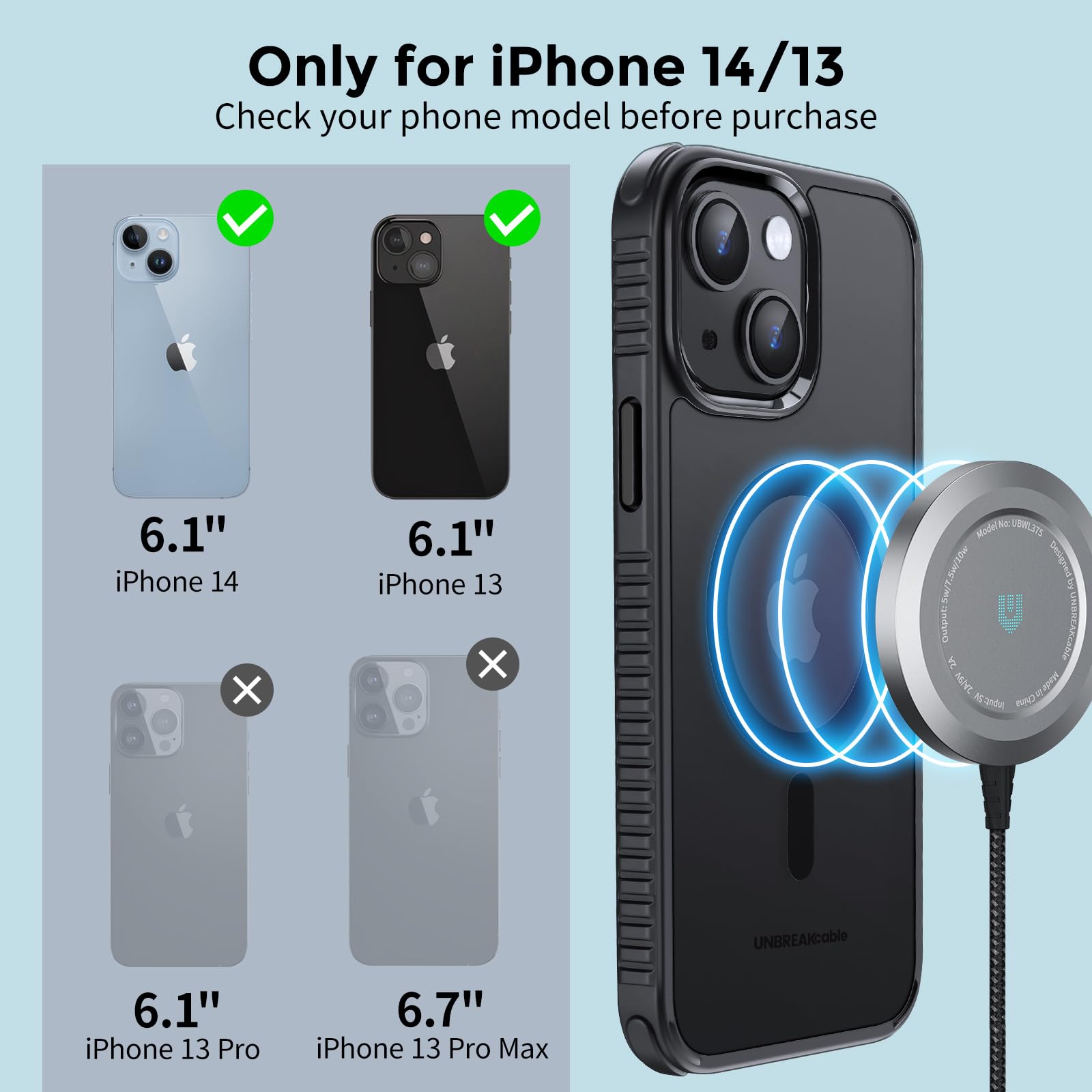 UNBREAKcable Case for iPhone 14 & iPhone 13, [Compatible with MagSafe] [Military Grade Shockproof] [Non-Slip] Translucent Matte Back and Soft TPU Edge Protective Case for iPhone 14/13 6.1", Black