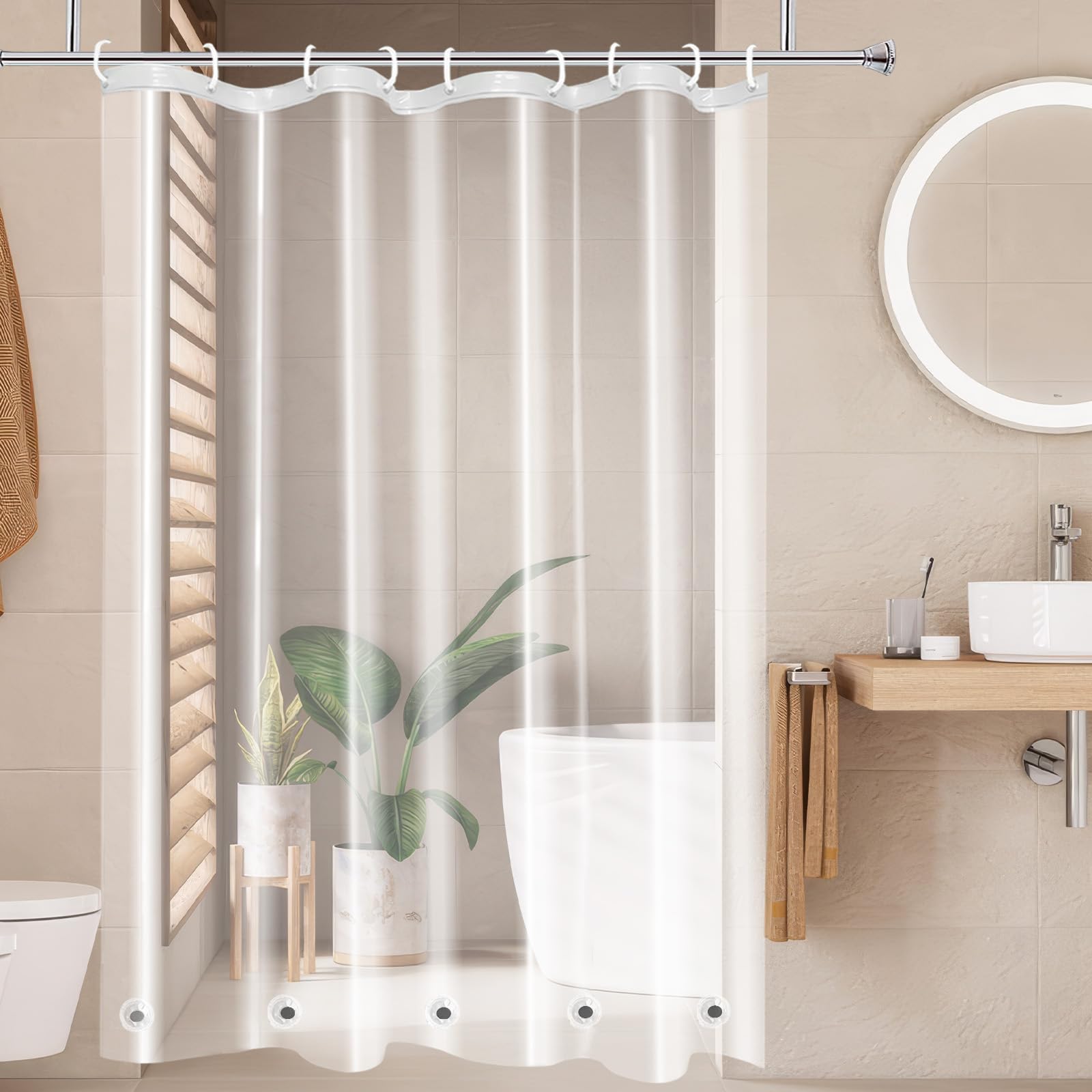 AooHome Eva Small 36x72 Inches Shower Liner, See Through Clear 8 Gauge Bathroom Curtain with Hooks, Bottom Magnets, Water Repellent, Heavy Duty, Rust Proof Grommets