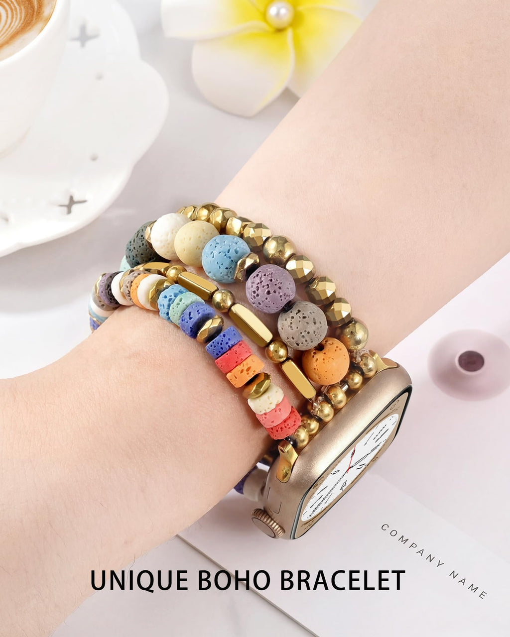 VISOOM Beaded Boho Bracelet Compatible for Apple Watch Band 40mm/38mm/41mm/42mm Series 11 10 9 8 7 SE Series 6/5/4 Women Fashion Cute Handmade Crystal Beads Stretchy Watch Strap for iWatch Bands 3/2/1