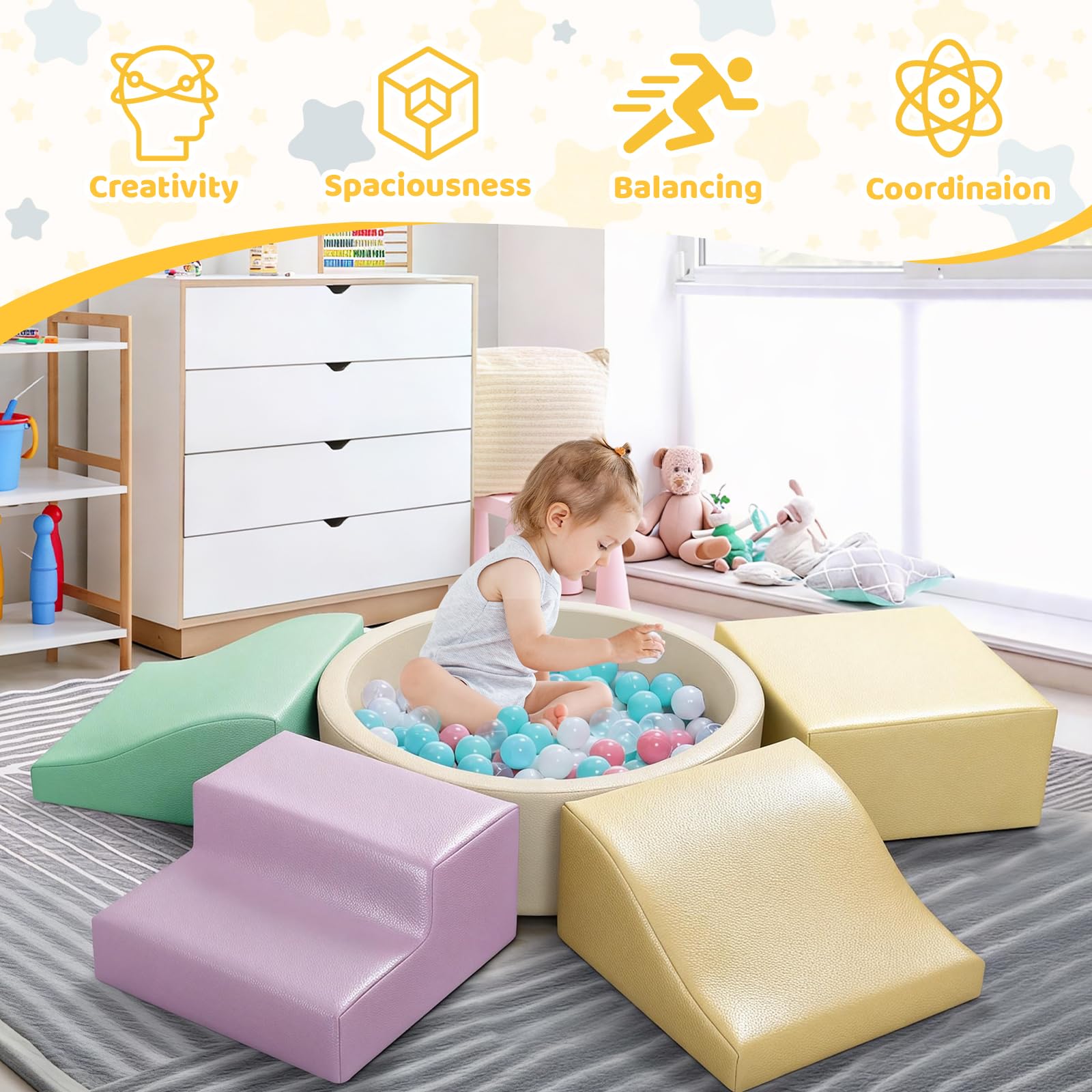 Foam Climbing Blocks for Toddler: with 4-Piece PU Leather Climbing Toys and a Ball Pit - Foam Ball Pit for Toddlers - Climbing Toys Indoor for Kids Crawling (Beige/Ivory Climbing Blocks)