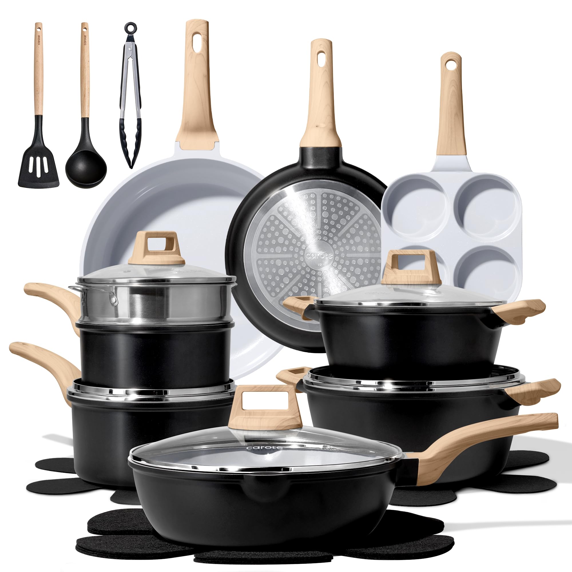 CAROTE 21pcs Pots and Pans Set Nonstick, Cookware Set Black Induction Kitchen Cooking Set w/Frying Pans & Saucepans(PFOS, PFOA Free)