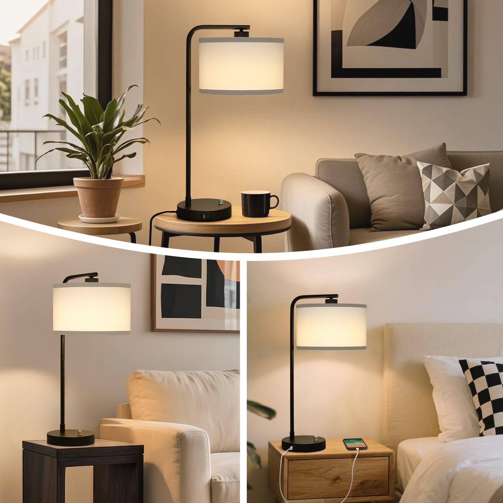 Table Lamps Set of 2, Fully Dimmable Bedside Lamp with USB C+A Charging Ports, Modern Nightstand Lamps with Linen Fabric Shades, Tall Desk Lamp for Bedroom, Living Room, Office, LED Bulb Included