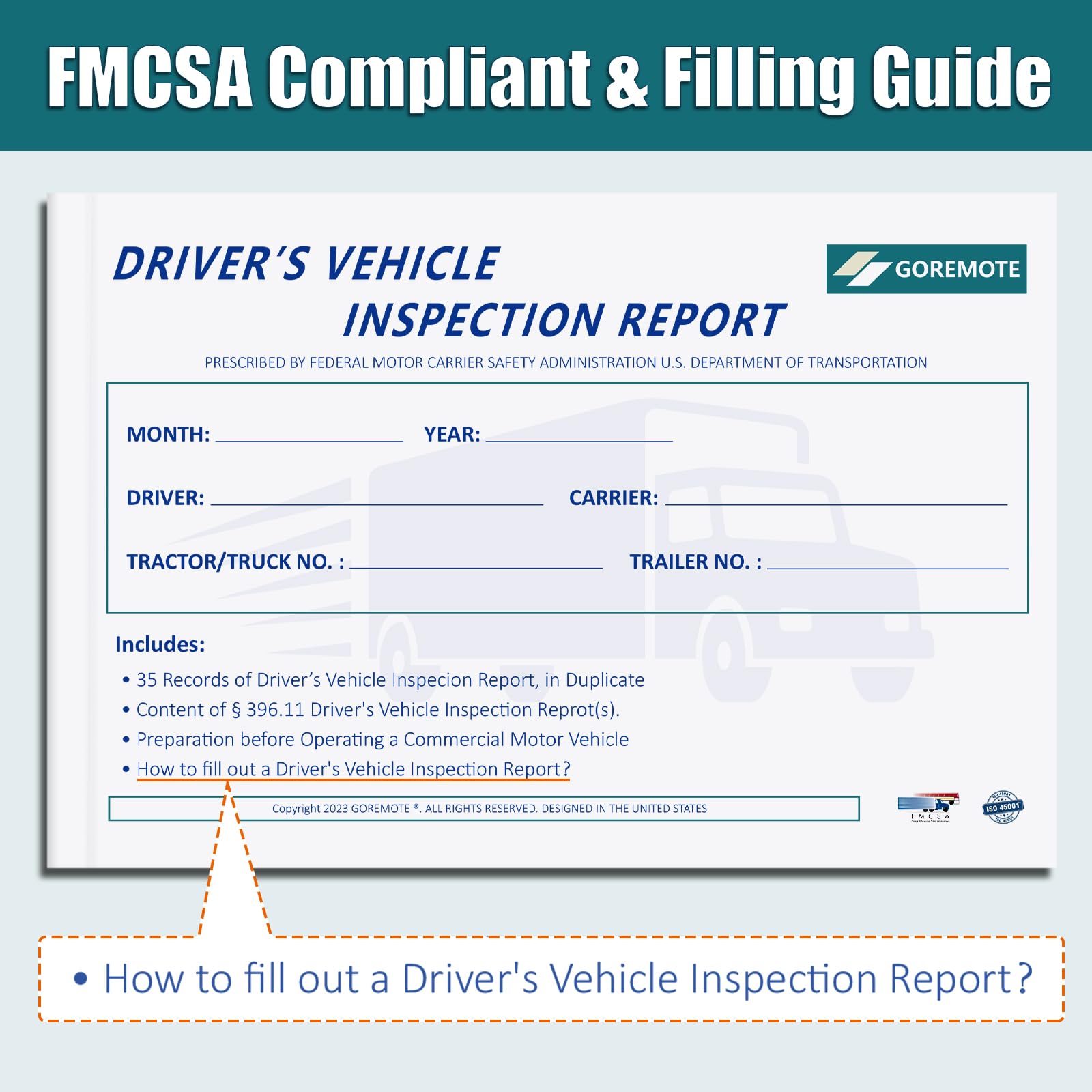 Detailed Driver's Vehicle Inspection Report, Daily Pre Trip Inspection Book for Trucker, 2-Ply Carbonless, 35 Sets of Forms per DVIR Log Book for Truck Drivers, 8.5" x 5.5", 1 Pack
