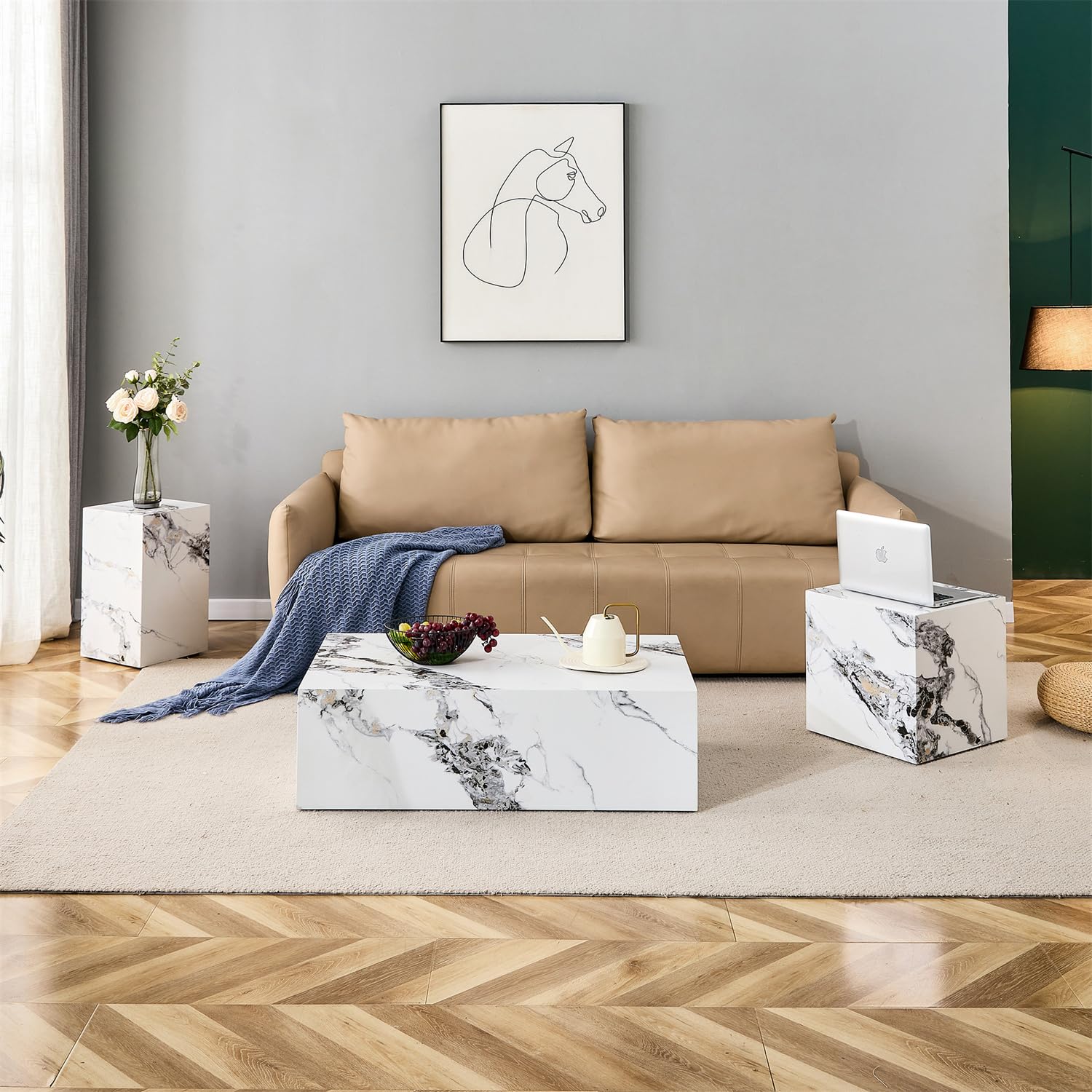 Round Coffee Table, 23.6" Modern Grey Faux Marble Drum Coffee Table, Round Accent Center Table for Living Room Apartment Small Spaces, No Assembly Required