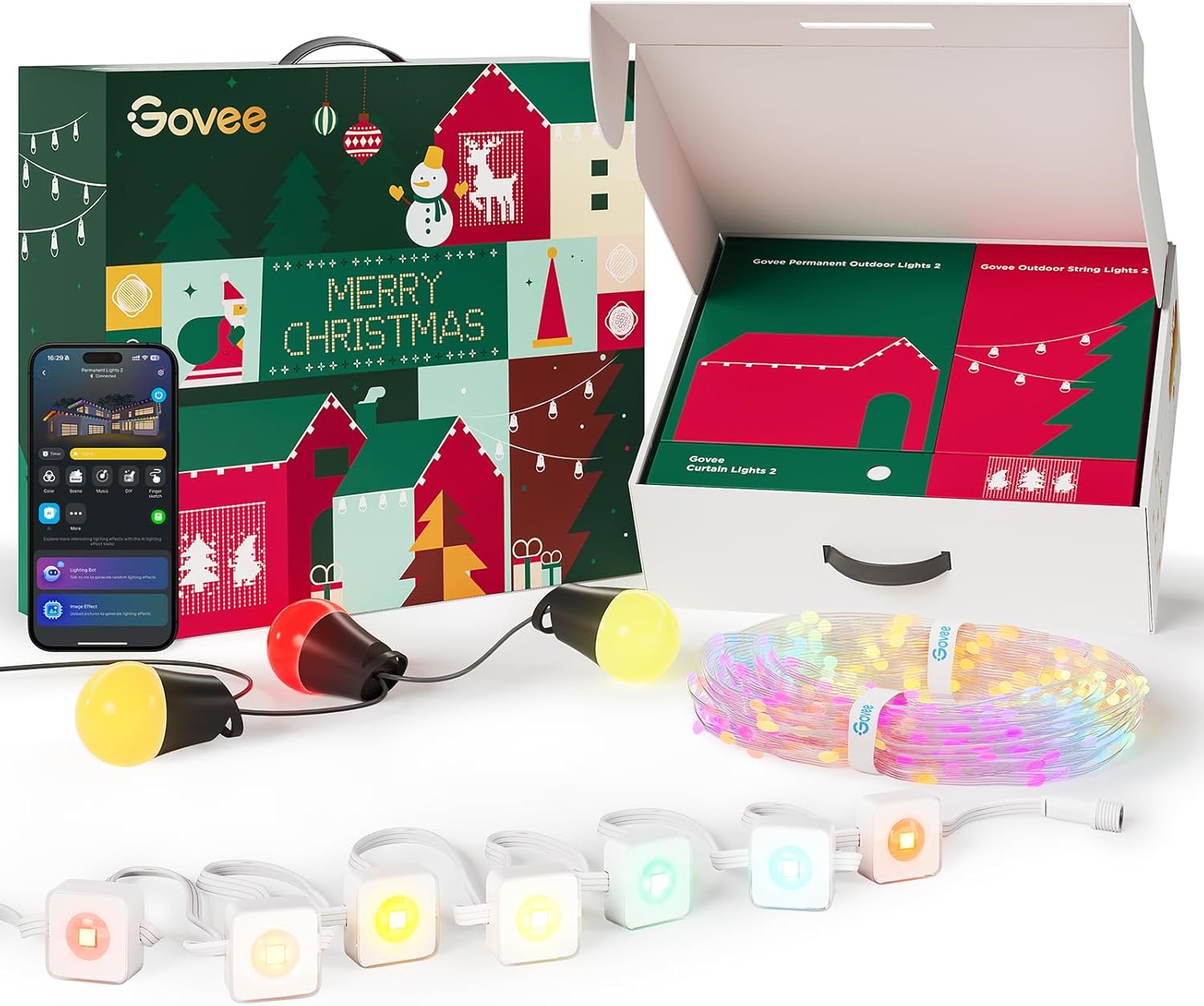 Govee Christmas Lights Set, 100ft Permanent Outdoor Lights, 96ft String Lights,4.9×6.6ft Curtain Light for Christmas Decorations, Works with Alexa, Google Assistant, IP65 Waterproof, Christmas Gifts