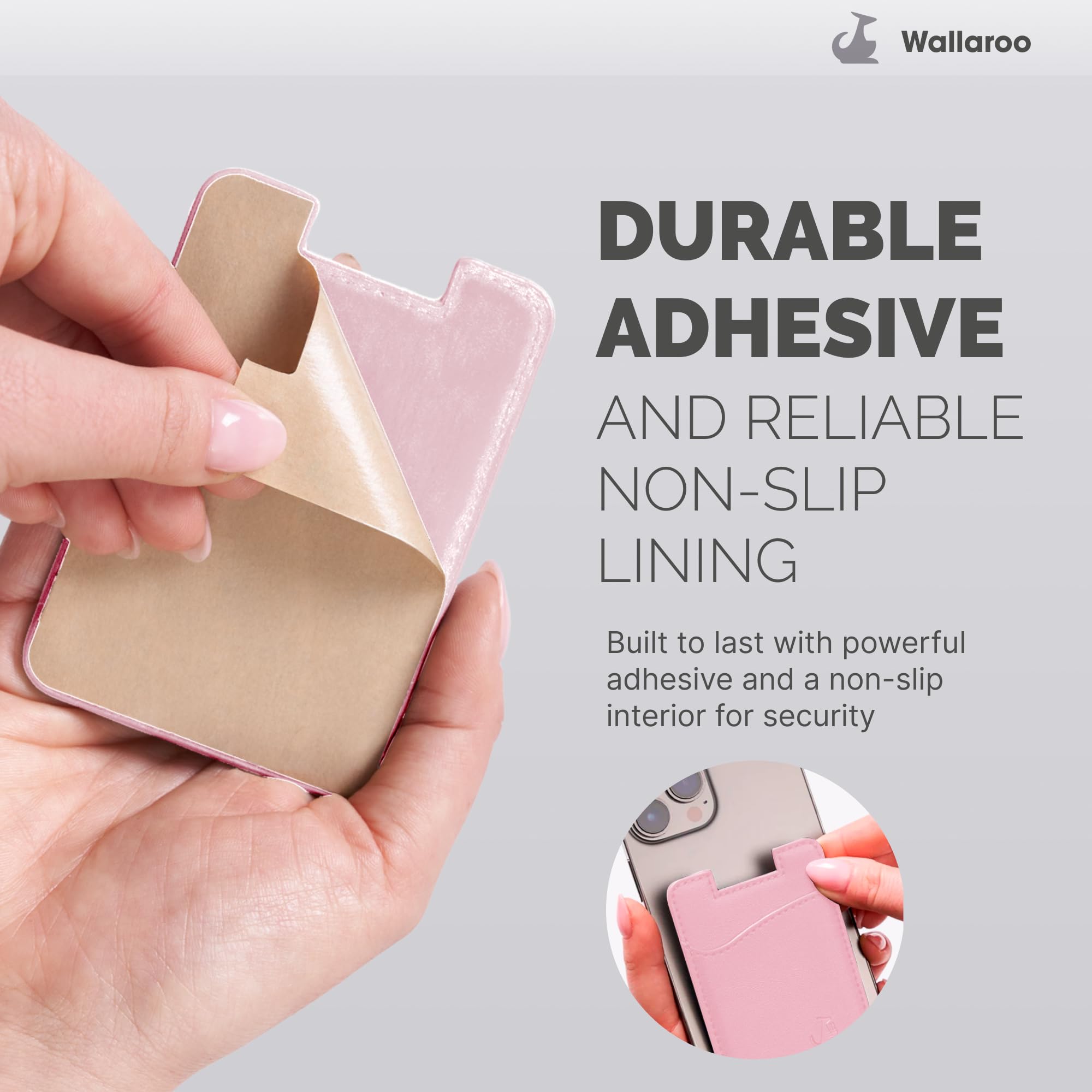 Wallaroo Premium Leather Cell Phone Wallet Stick On - Android and iPhone Wallet and Card Holder for Women and Men - Durable with Non-Slip Lining Secures Up to 3 Cards