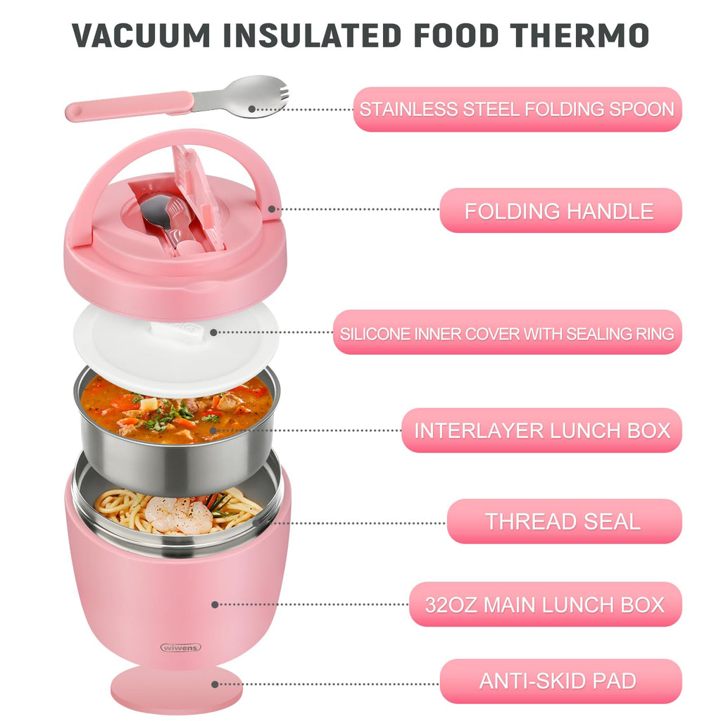 wiwens Thermo Food Jar for Hot Food Adults 32OZ Soup Thermo Lunch Containers Wide Mouth Vacuum Insulated Stainless Steel Leakproof Bento Box with Spoon (Beige)