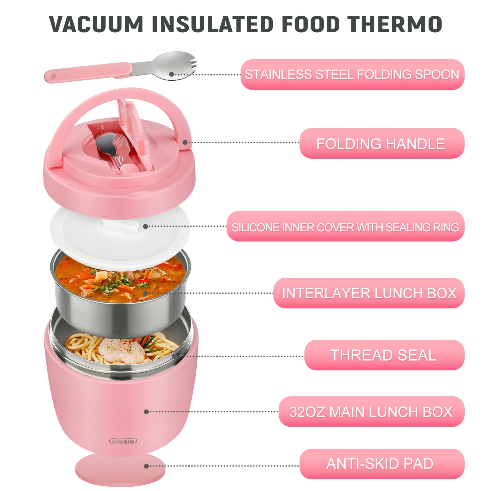 wiwens Thermo Food Jar for Hot Food Adults 32OZ Soup Thermo Lunch Containers Wide Mouth Vacuum Insulated Stainless Steel Leakproof Bento Box with Spoon (Beige)