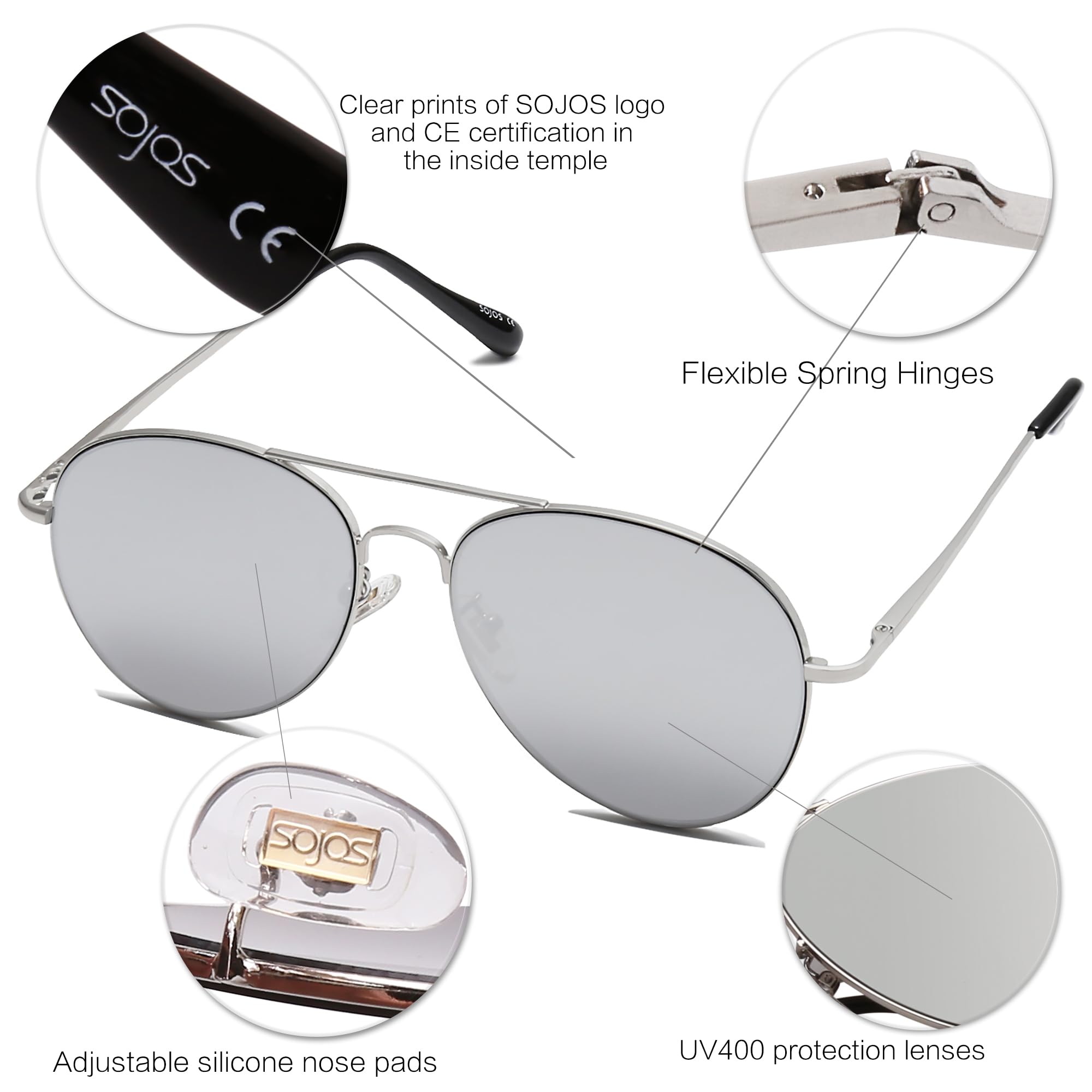 SOJOS Classic Aviator Sunglasses for Women Men Metal Frame Spring Hinges SJ1030