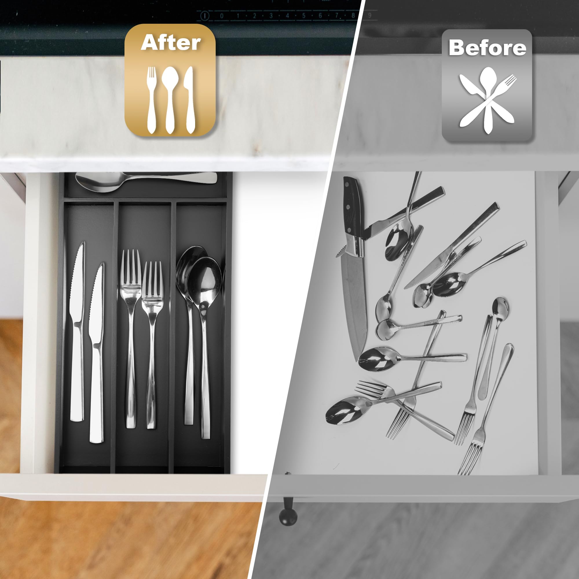 Acacia 4 Slot Silverware Drawer Organizer - Cutlery Holder with Flatware Tray