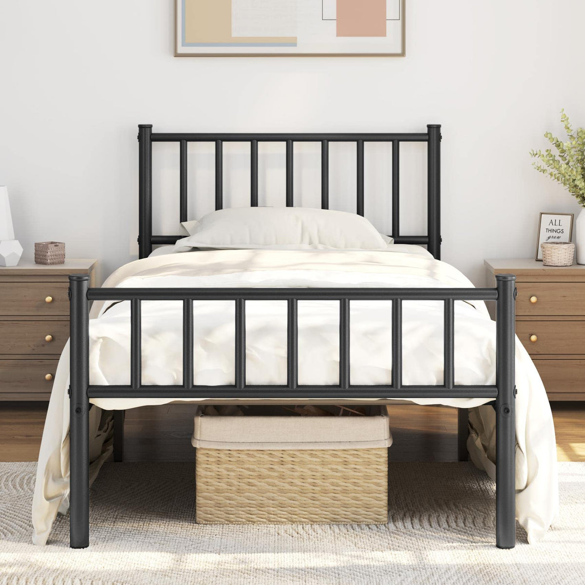 Yaheetech Twin Bed Frame Metal Platform Bed Frame Mattress Foundation with Spindle Headboard & Footboard/No Box Spring Needed/14 Inch Underbed Storage/Firm Support & Easy Set up Structure, Black