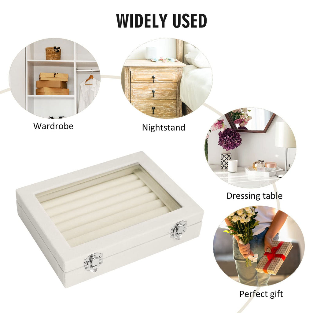Vicoter Rings Organizer Tray 7 Slots Velvet Jewelry Earring Storage Box with Transparent lid Jewelry Display Case for Girls Wife Mom Women (Beige)