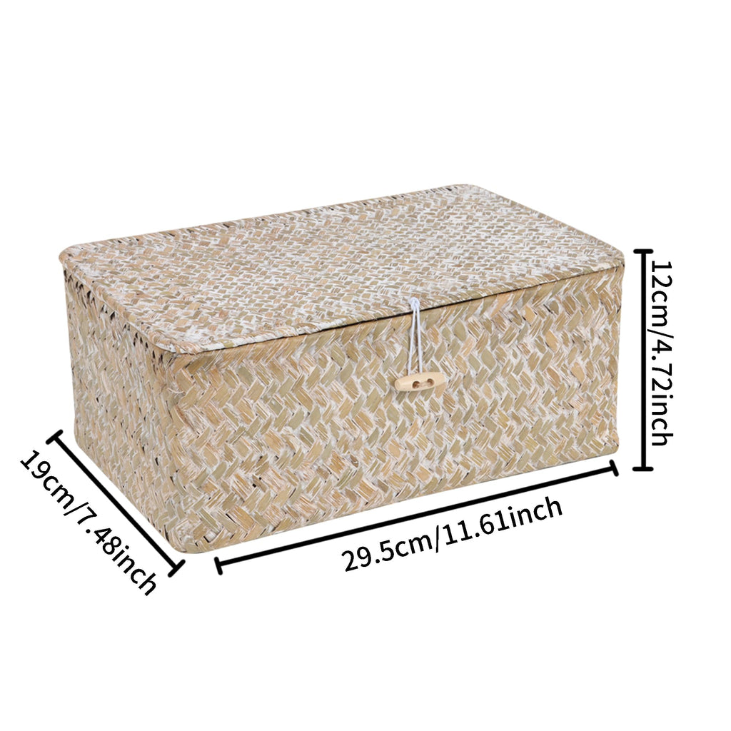 FEIALNDUO Wicker Shelf Baskets with Lid,Seagrass Storage Basket Bins Rectangular Handwoven Basket Boxes for Shelves Desktop Home Organizer (Coffee, X-Small)