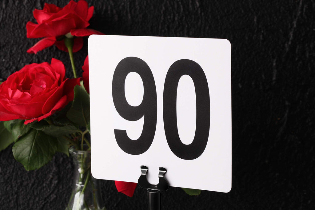 New Star Foodservice 23145 Double Side Plastic Table Numbers, 1 to 25, 4" x 4", Light Grey on Black