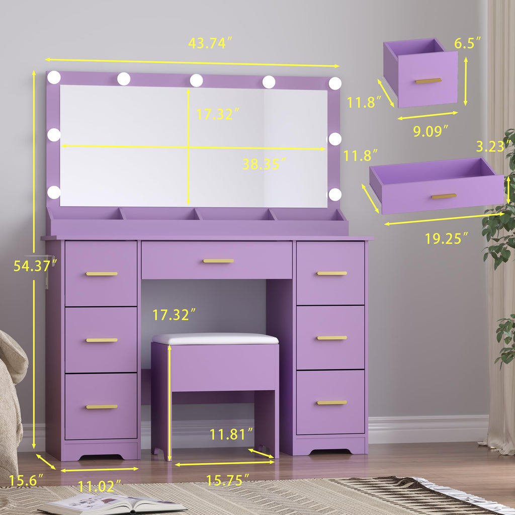 BORNOON 45” Fluted Makeup Vanity Desk with Mirror and Lights, Glass Top Dressing Table with 5 Drawers, LED Lighted Adjustable Cabinet, Trays & Charging Station for Bedroom Dressing Room