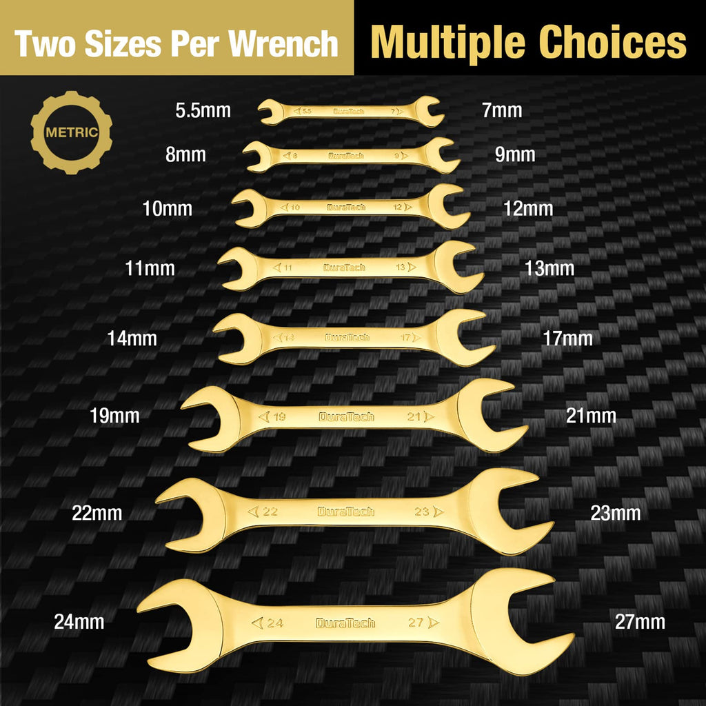 DURATECH Super-Thin Open End Wrench Set, Metric, 8-Piece, 5.5mm to 27mm, Black Electrophoretic Coating, with Rolling Pouch