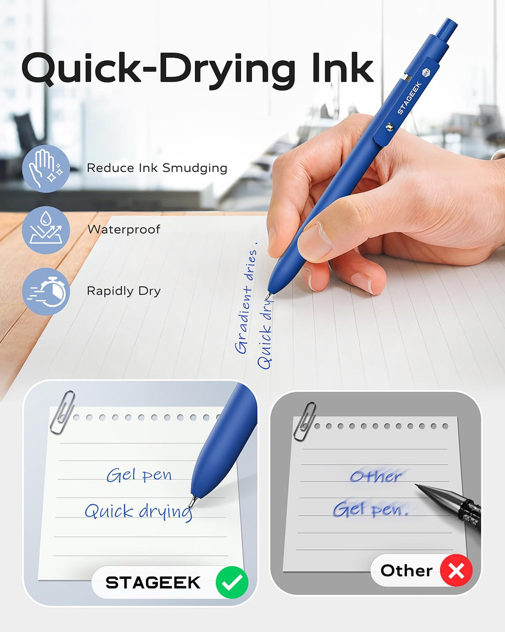 STAGEEK Blue Gel Pens GX3, 12Pcs Quick Dry Blue Ink Pens with 3 Extra Refills, Fine Point Retractable Smooth Writing Pens for Journaling, Office, Note Taking, School Supplies, Nurse Aesthetic(Blue)