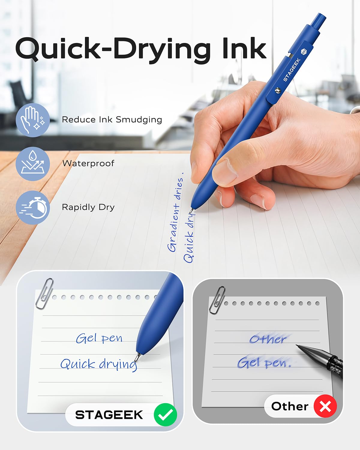 STAGEEK Blue Gel Pens GX3, 12Pcs Quick Dry Blue Ink Pens with 3 Extra Refills, Fine Point Retractable Smooth Writing Pens for Journaling, Office, Note Taking, School Supplies, Nurse Aesthetic(Blue)