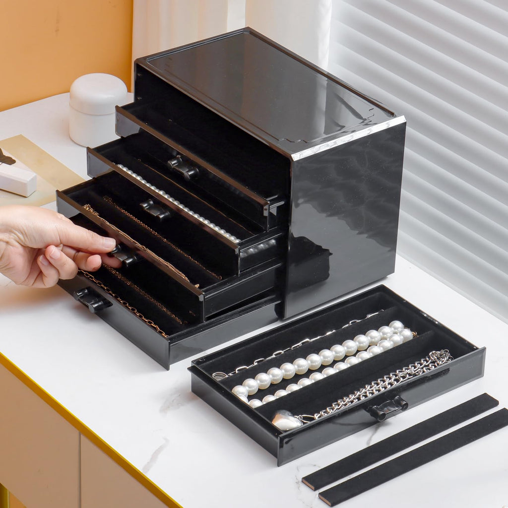 YUFONG Necklace Holder Organizer, Dustproof Necklace Box Velvet Necklace Organizer Box with Lid Clear Acrylic Dustproof Stackable Jewelry Displays for Necklaces Chain Display (Beige, 3 Drawer)