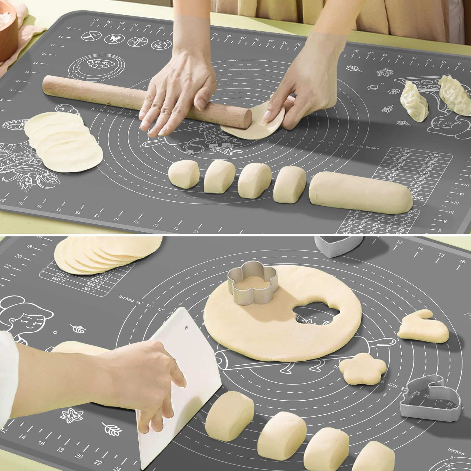 Silicone Baking Mat 24" x 16" Extra Thick Non-stick Pastry Mat with Measurements and Edge Heightening, Food Grade Silicone for Countertop Dough Rolling Making Bread, Cookies, Pizza, Fondant, Pasta