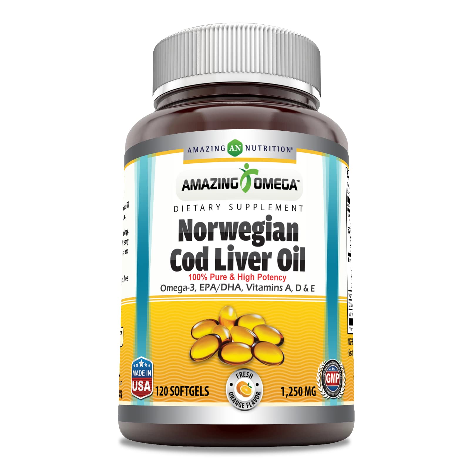 Amazing Omega Norwegian Cod Liver Oil 1250 Mg Softgels Supplement | Omega-3, EPA, DHA, Vitamin A, Vitamin D & Vitamin E (Lemon | 60 Count)