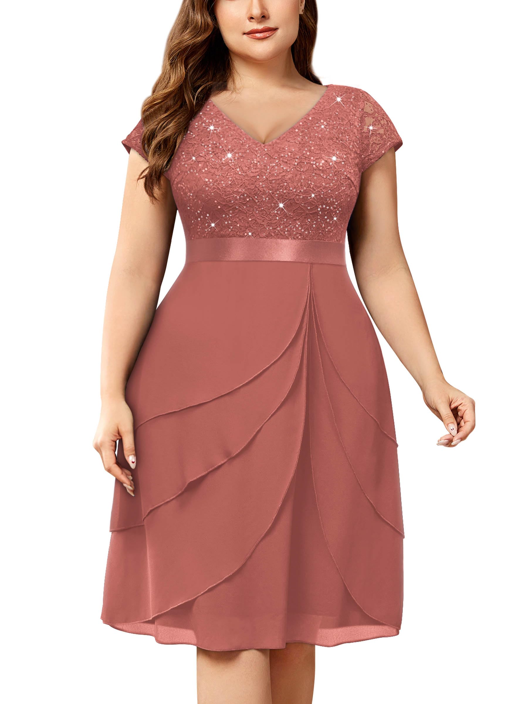 Miusol Women's Plus Size Sequin Lace V Neck Ruffle Tiered Chiffon Cocktail Party Dress