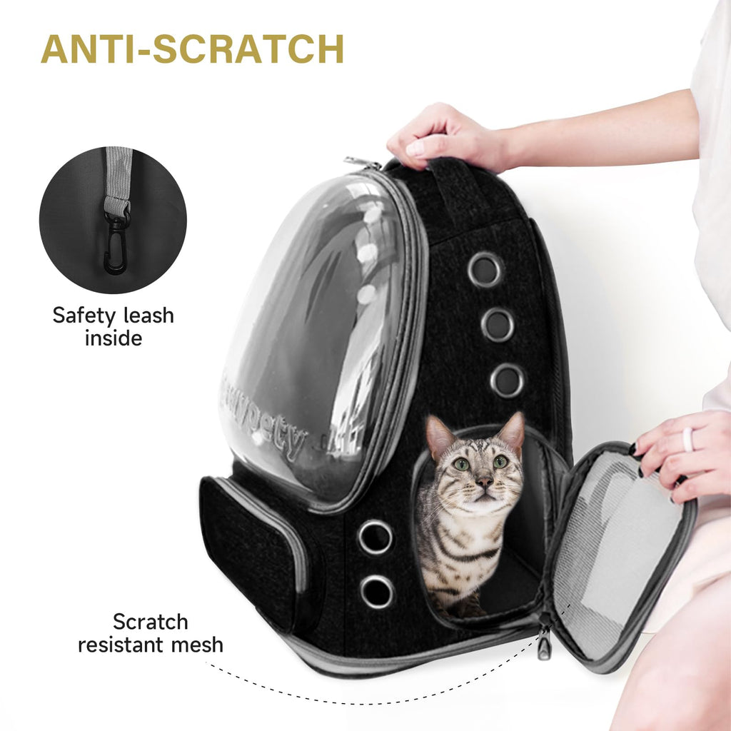 Cawypety Cat Backpack Carrier, Breathable Cat Carrier Large Space Bubble Pet Backpack for Kitty Small Dog up to 12lbs, Transparent & Foldable Pet Carrier for Travel Hiking (Black
