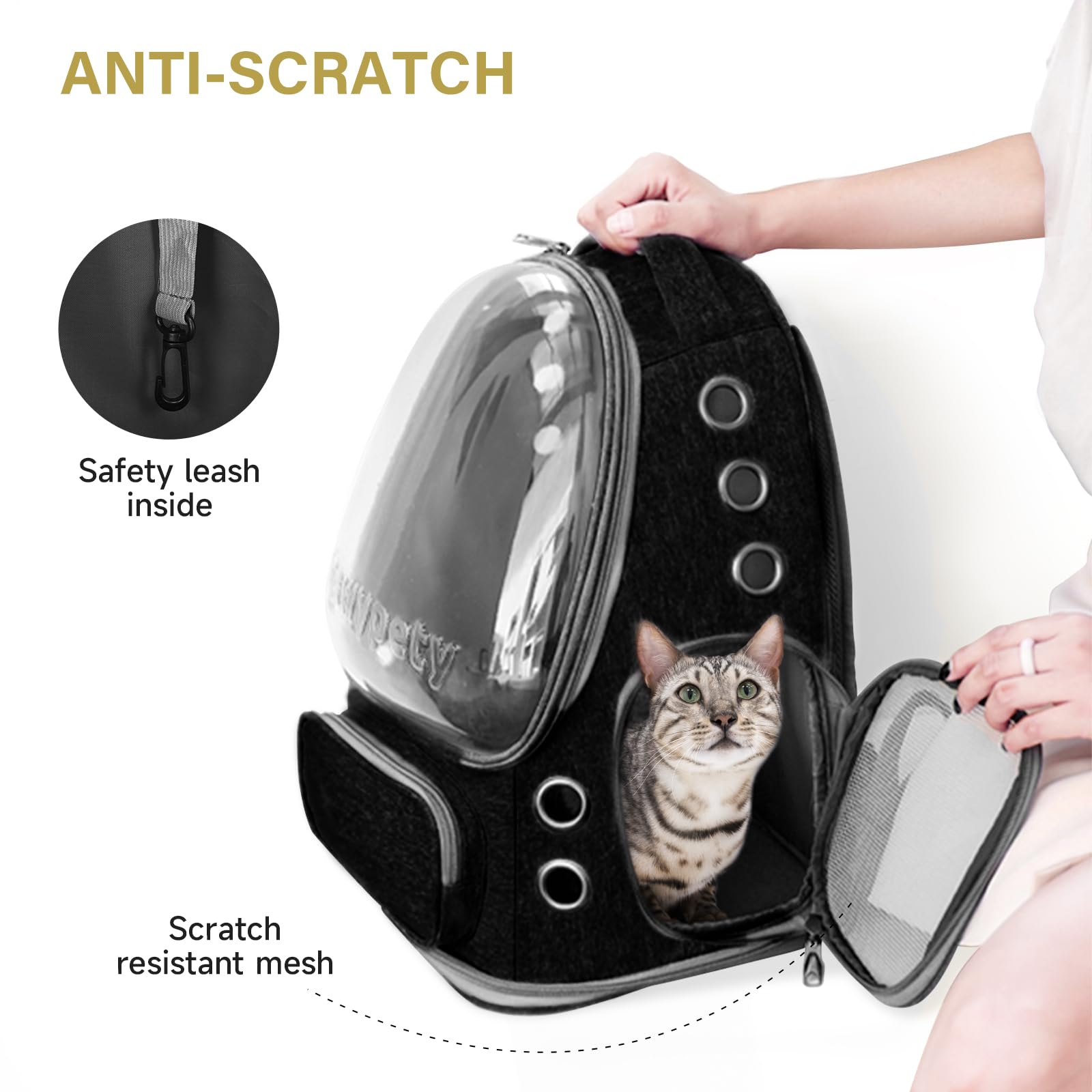 Cawypety Cat Backpack Carrier, Breathable Cat Carrier Large Space Bubble Pet Backpack for Kitty Small Dog up to 12lbs, Transparent & Foldable Pet Carrier for Travel Hiking (Black